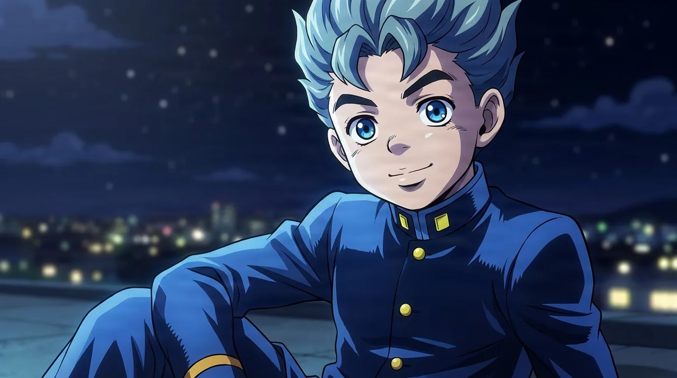 Koichi Hirose, a smiling boy with pale spiky hair in a navy school uniform, seated above a night city.