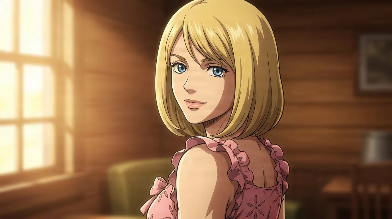 Lucy Steel glances over her shoulder in a pink ruffled dress beside a sunlit window in a wooden cabin.