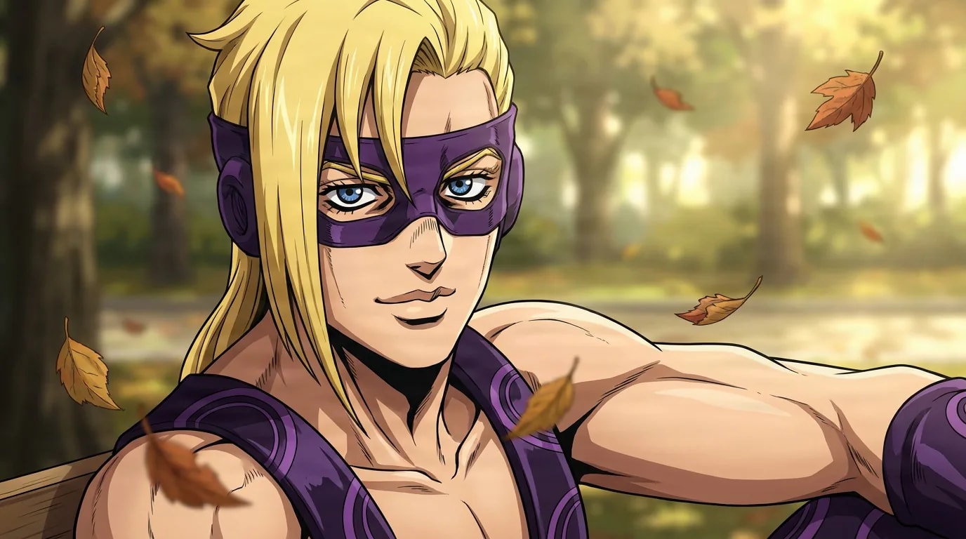 Melone leans with an arm extended in a purple eye mask and patterned bodysuit amid falling leaves in a park.