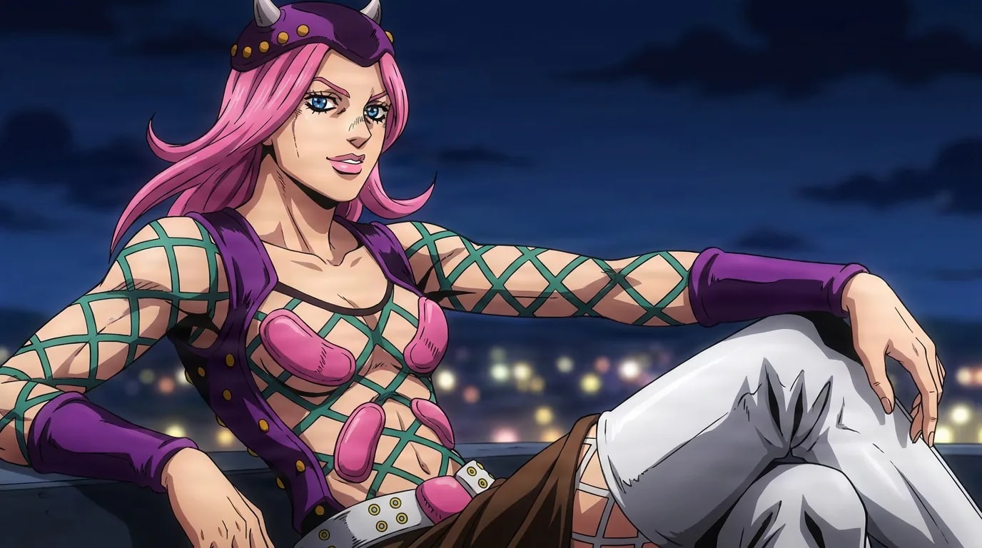 Narciso Anasui reclines in a green lattice bodysuit and horned cap on a rooftop above city lights at night.