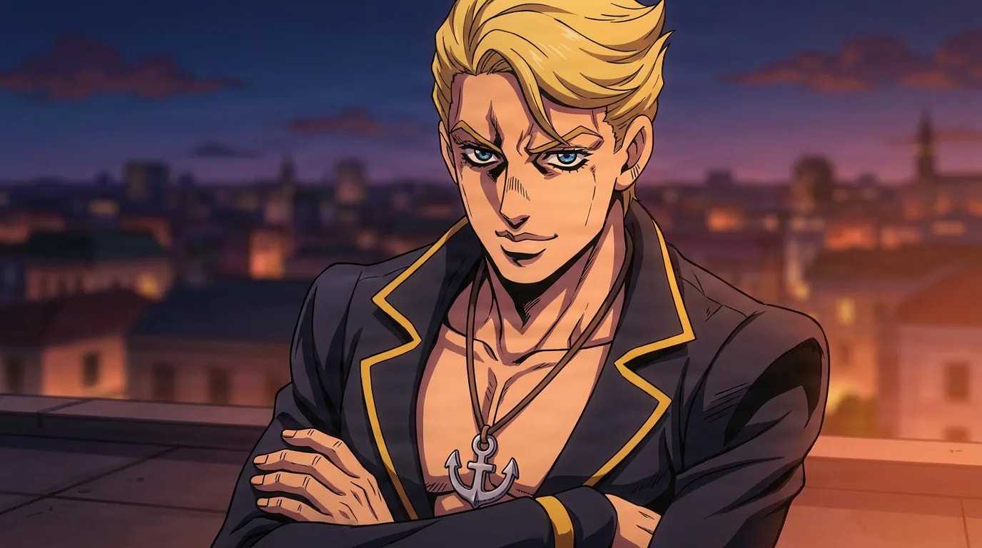 Prosciutto stands with arms crossed in a dark suit and anchor pendant on a rooftop against a dusk skyline.