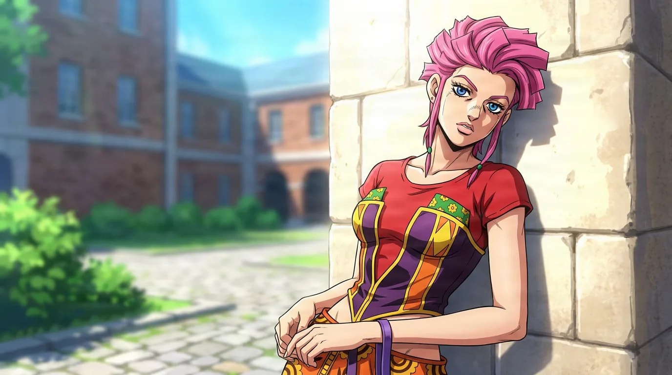 Trish Una leans against a stone wall in a red shirt and colorful patterned top in a sunny courtyard.