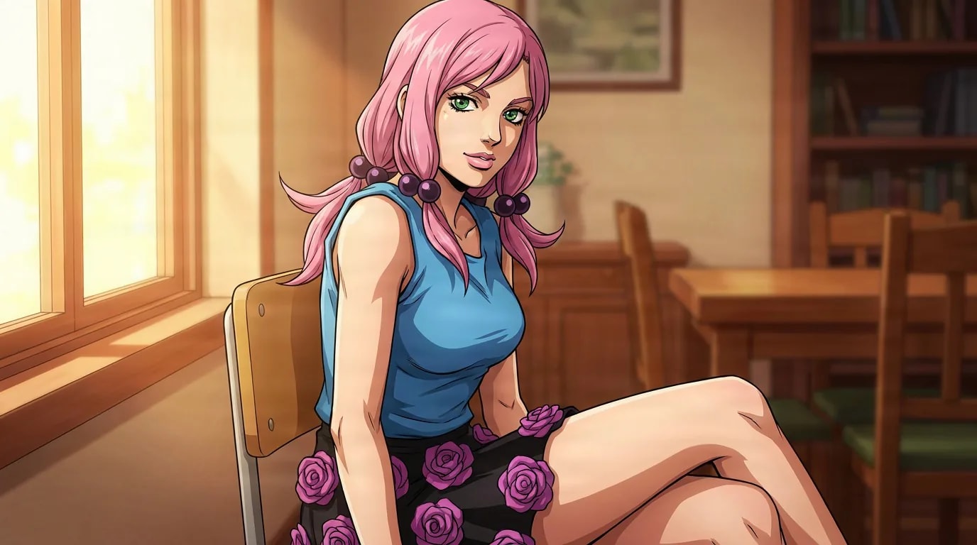 Yasuho Hirose sits on a wooden chair in a blue tank top and rose-print skirt by a sunlit window indoors.