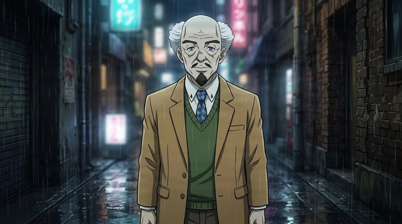 Yoshihiro Kira standing in a rainy neon alley at night, elderly and balding with a goatee, tan overcoat over a green sweater and tie.