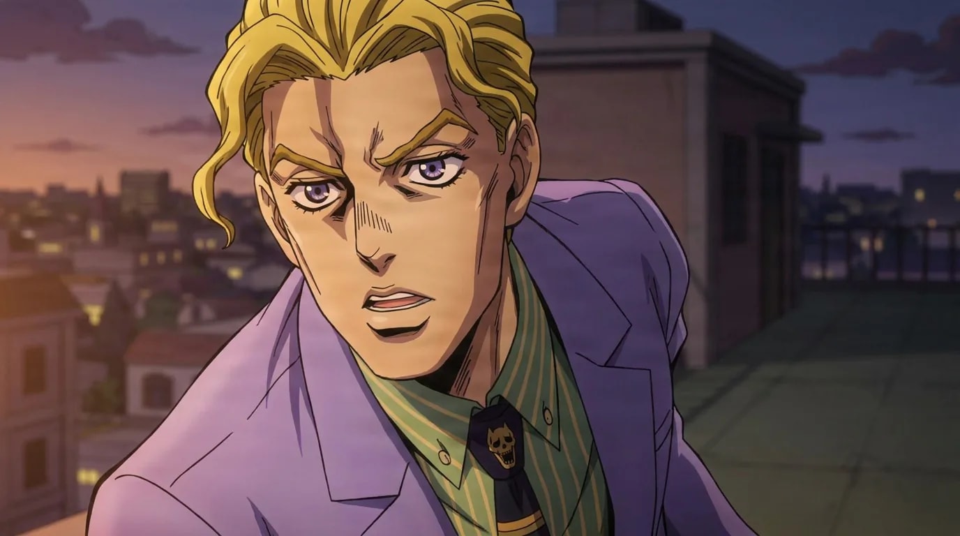Yoshikage Kira, a blond man in a lavender suit and skull tie, leaning forward on a rooftop at dusk.