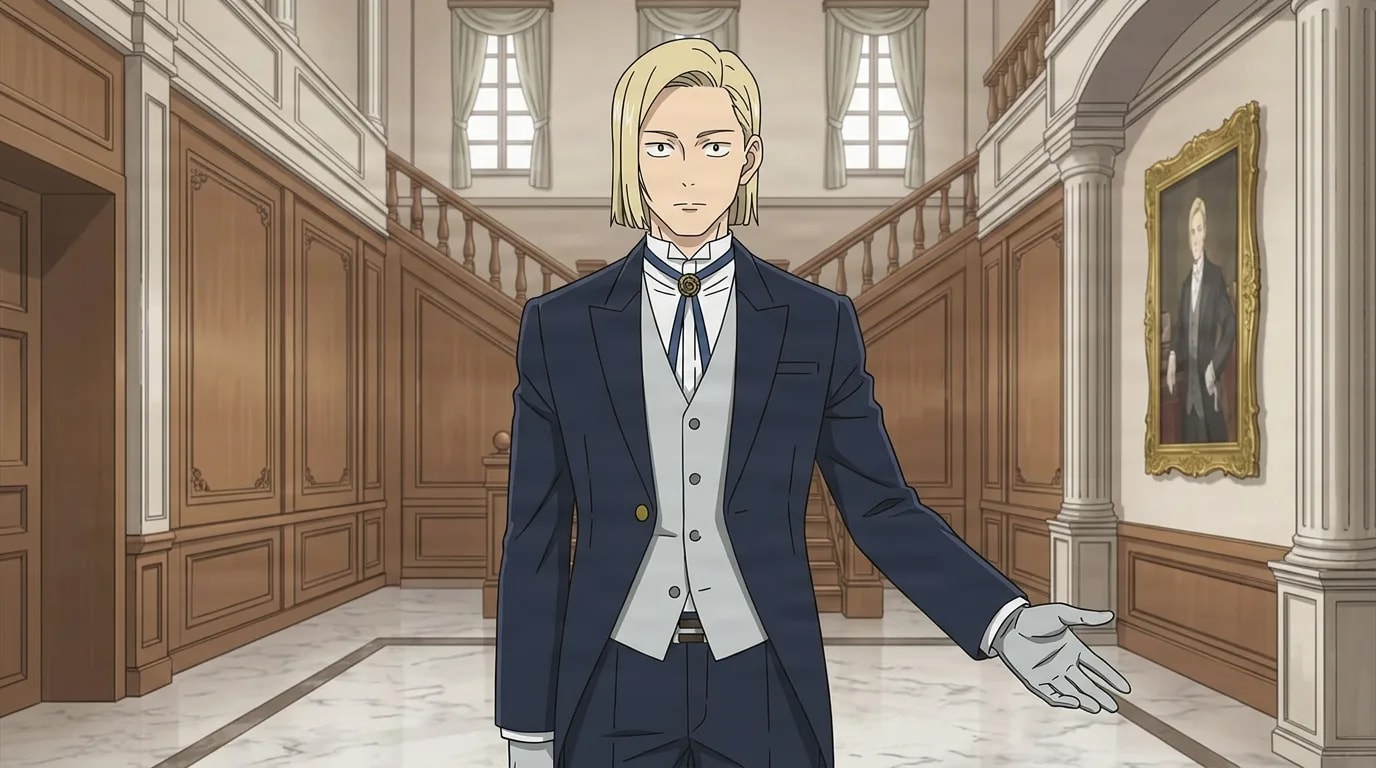 Blonder junger Mann in einem marineblauen Frack, grauer Weste und weißen Handschuhen, der in einem eleganten, holzgetäfelten Saal eine Hand ausstreckt.