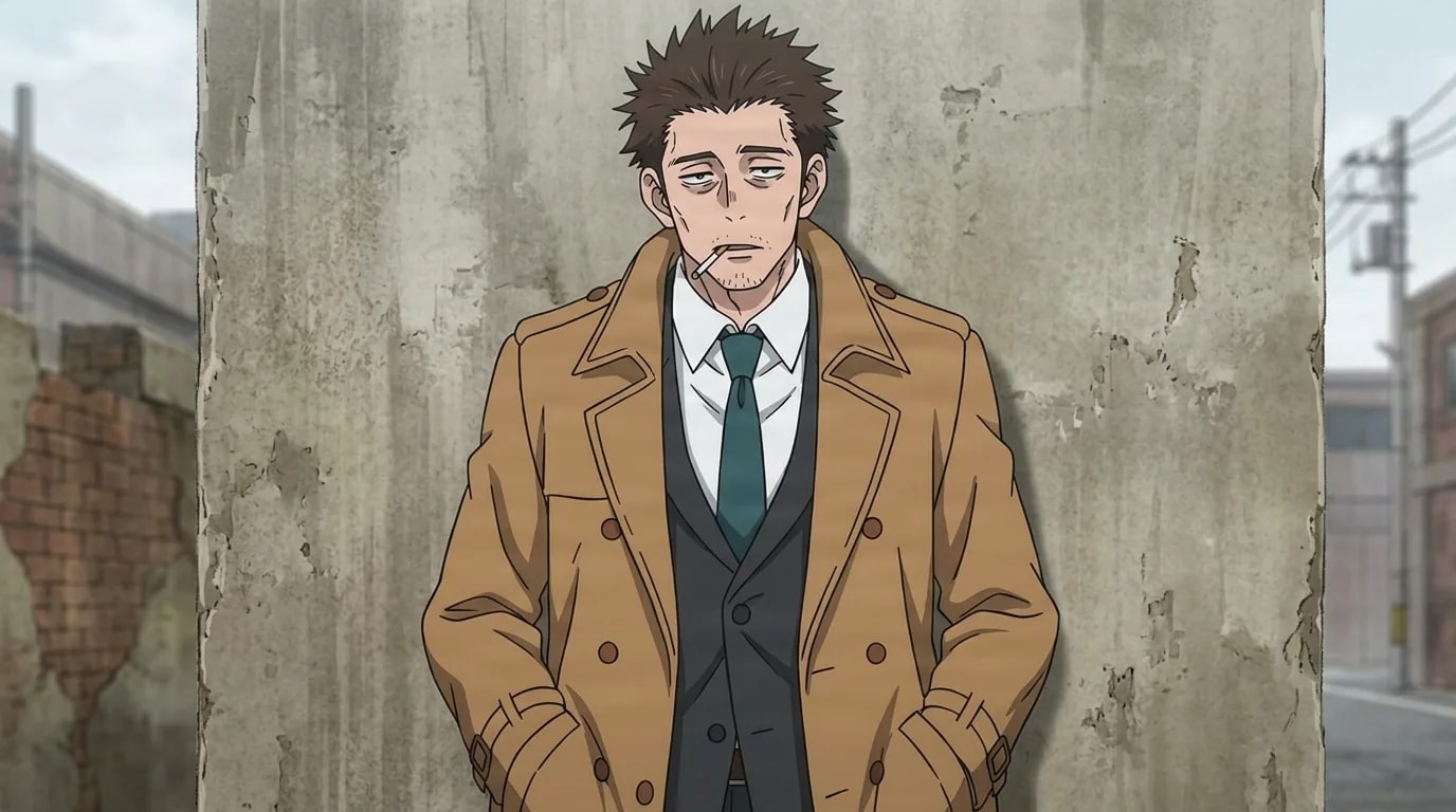 Uomo dai capelli castani a punta con trench beige e una sigaretta in bocca, appoggiato a un muro di cemento consumato in un vicolo