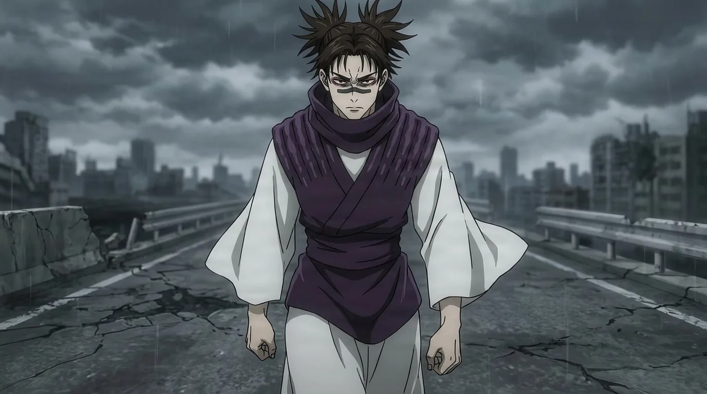 Choso striding forward with a determined glare down a cracked highway overpass under a stormy grey sky
