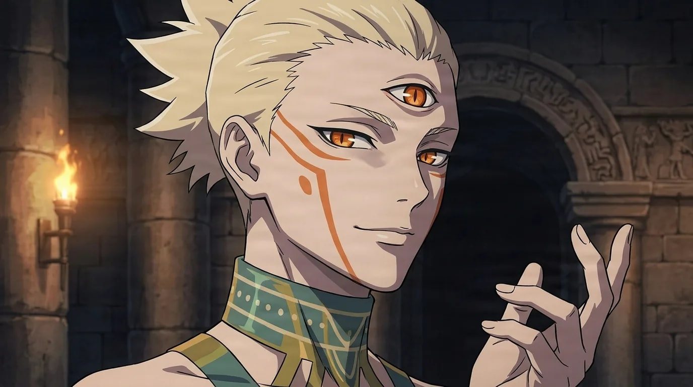A blond spiky-haired young man with a third eye on his forehead, orange eyes and orange facial markings, smiling in a torchlit stone hall with one hand raised near his chest.