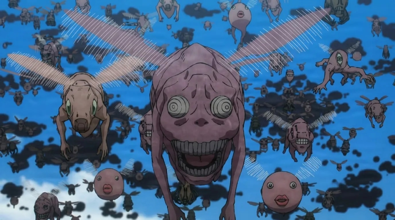 Swarm of pink winged curse creatures with round staring eyes and toothy grins descending through a bright blue sky
