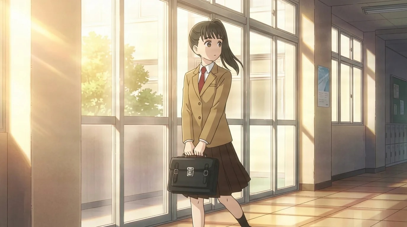 A brown-haired schoolgirl in a tan blazer and red tie walks down a sunlit school hallway carrying a black leather briefcase in both hands.