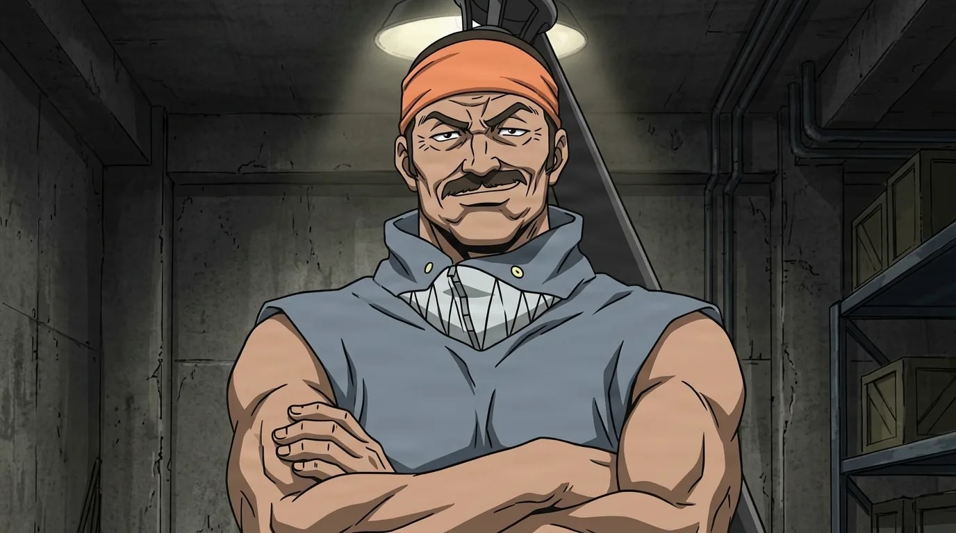 Ein muskulöser älterer Mann mit orangefarbenem Stirnband und grauem ärmellosem Kapuzenpullover verschränkt die Arme und grinst unter einer hängenden Lampe in einem dämmrigen Betonlager.