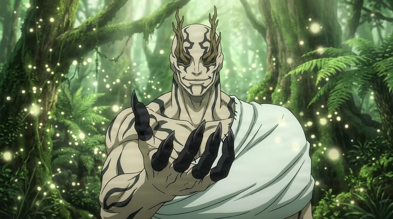 Hanami the tree-like cursed spirit reaching a black-clawed hand forward in a glowing overgrown forest full of drifting spores