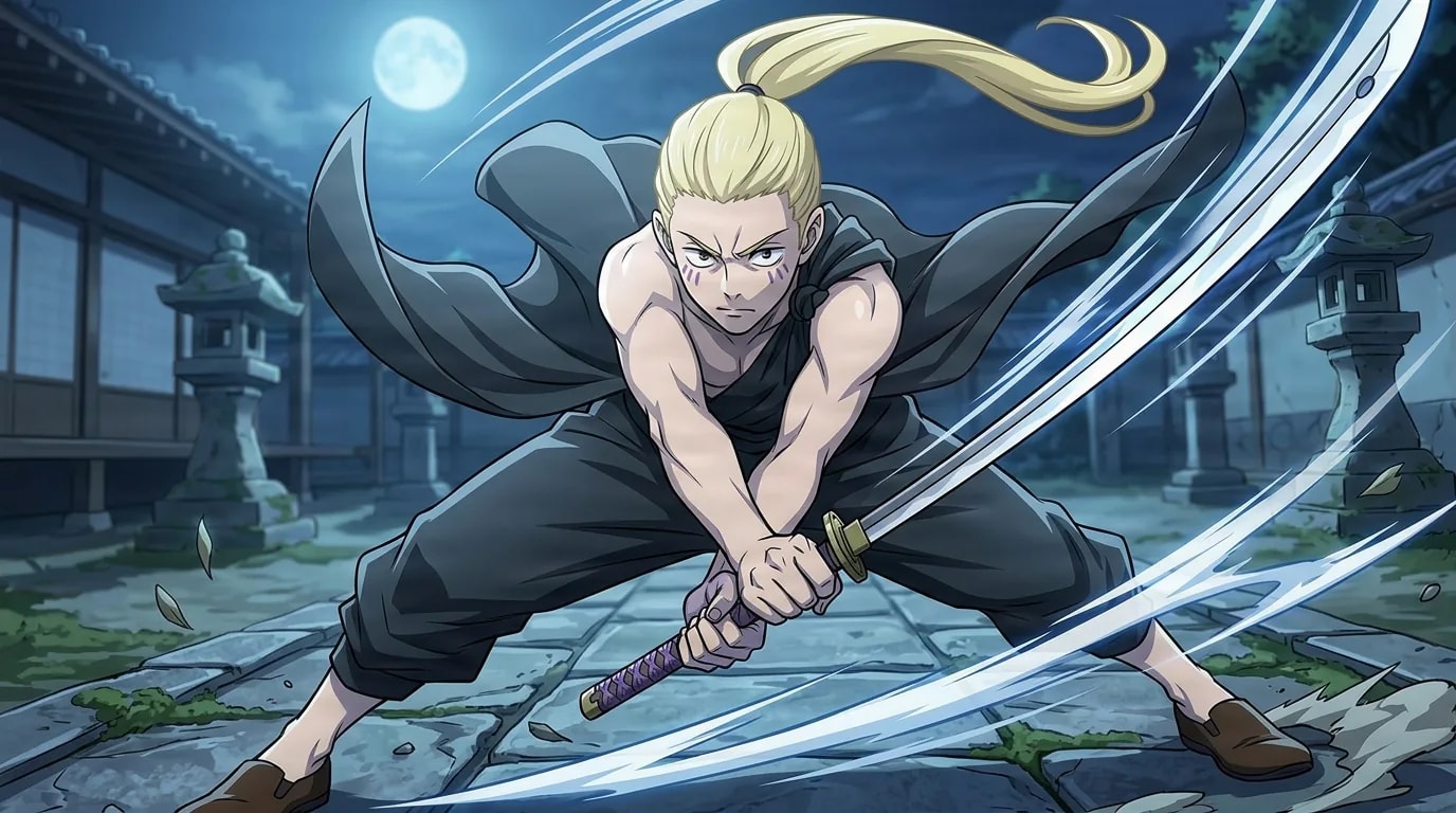 A blond ponytailed young man swings a katana in a sweeping diagonal slash across a moonlit stone courtyard with stone lanterns.
