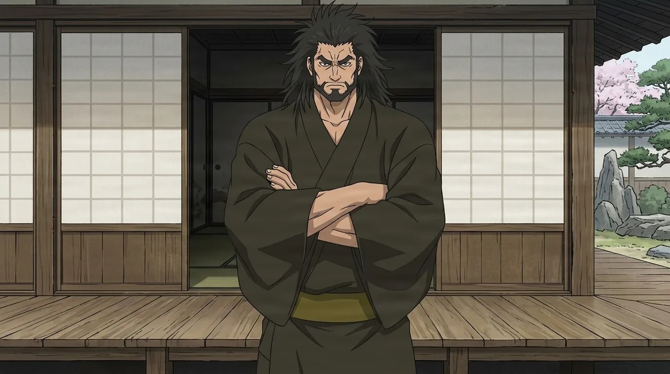 A bearded man with long dark hair in a dark kimono stands with arms folded on the wooden veranda of a traditional Japanese estate.