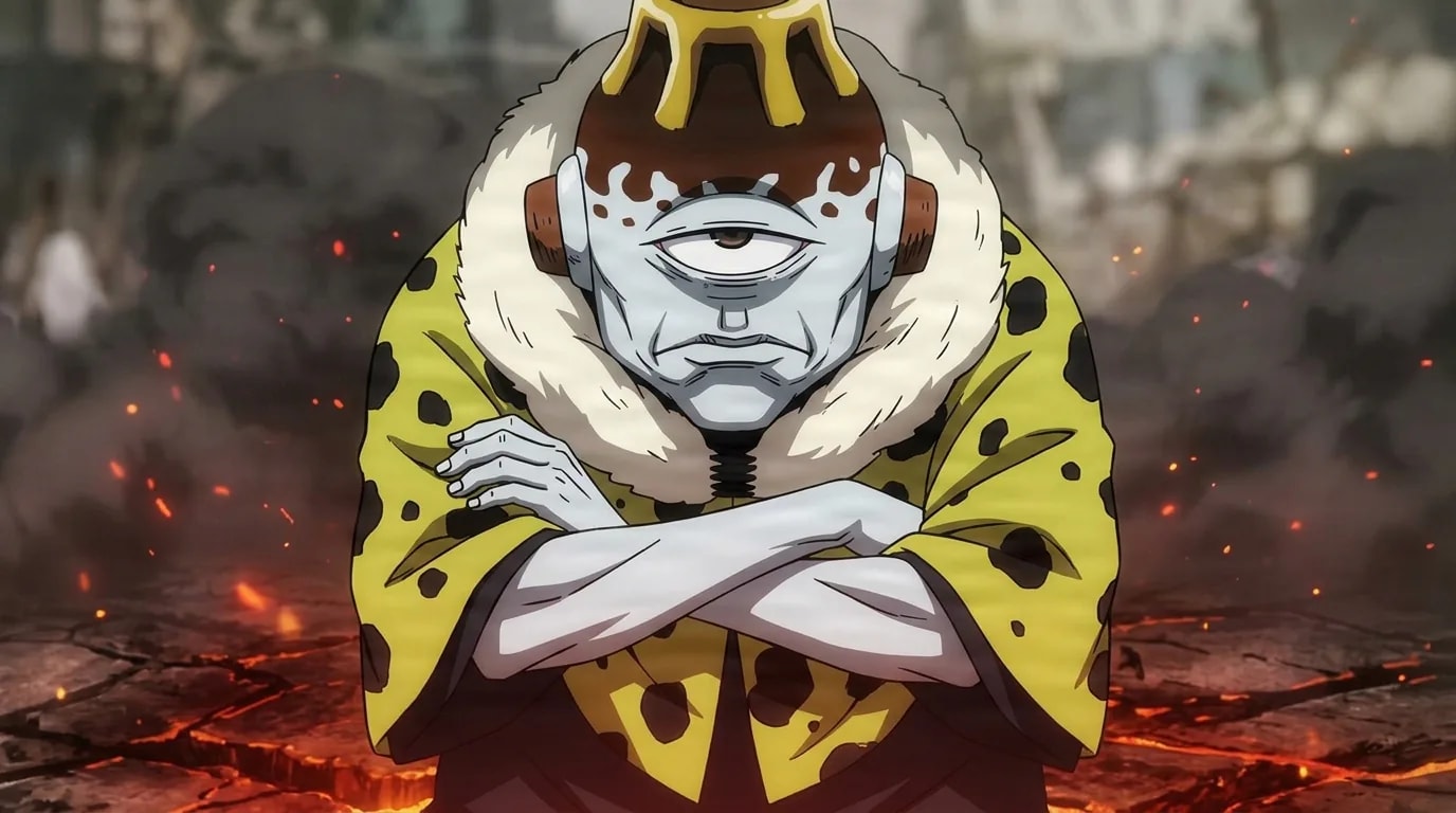 Jogo the volcano-headed cursed spirit crossing his arms with a stern single-eyed glare amid drifting embers and glowing lava