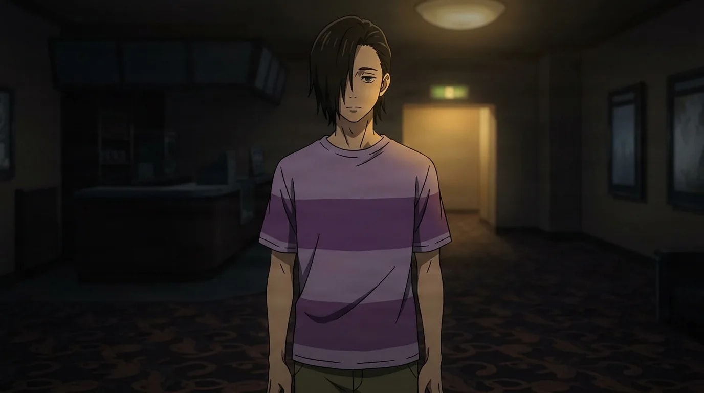 Junpei Yoshino standing quietly with a withdrawn look and his hands at his sides in a dim movie theater lobby