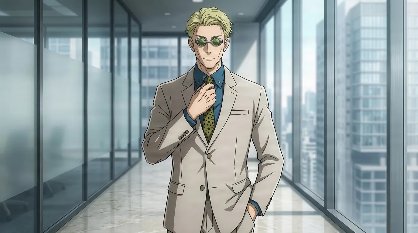 Kento Nanami con un traje beige se ajusta su corbata de lunares con una expresión serena en un luminoso y moderno pasillo de oficina.