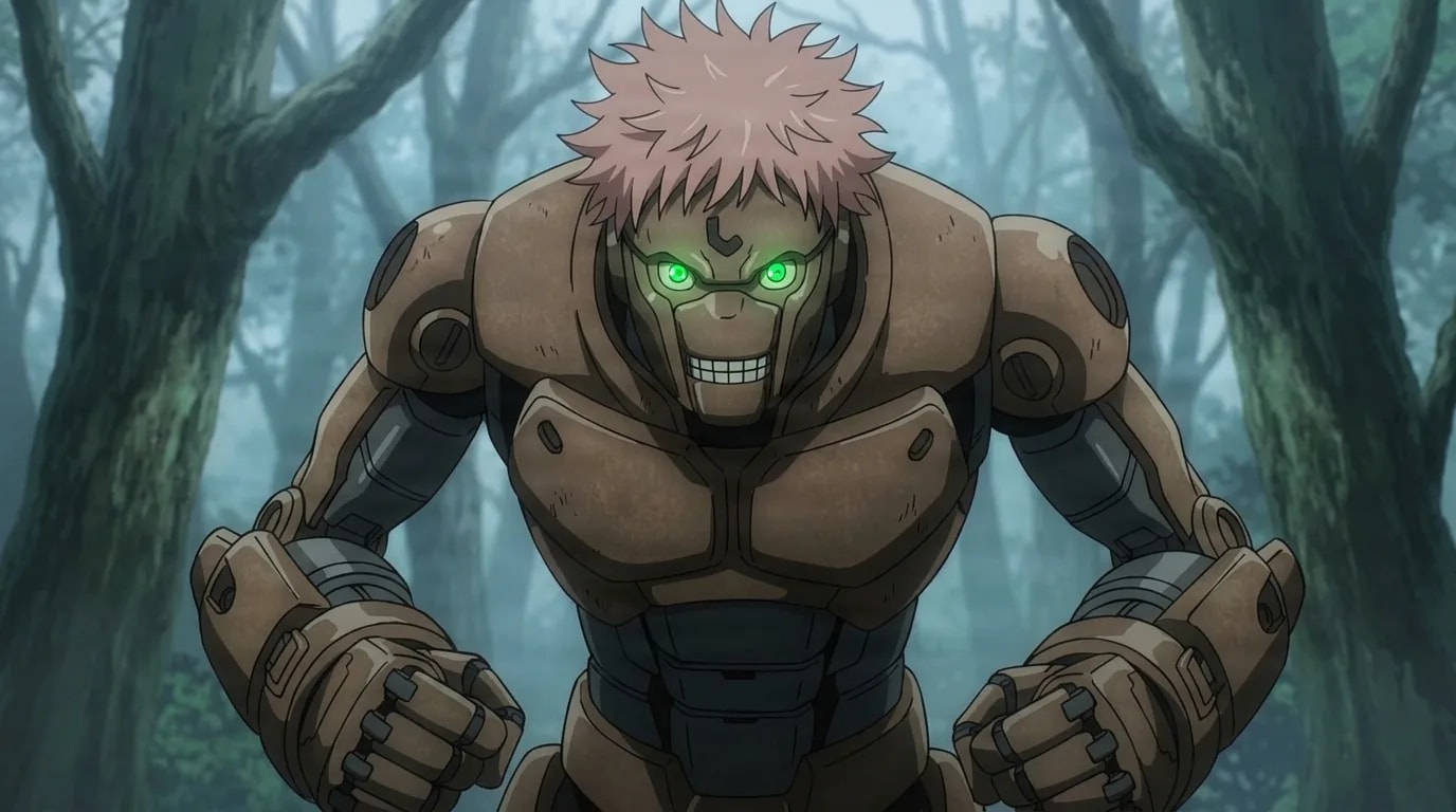 A large brown mechanical puppet with glowing green eyes, a banded metal grin and pink hair, standing with clenched fists in a misty forest of tall trees.