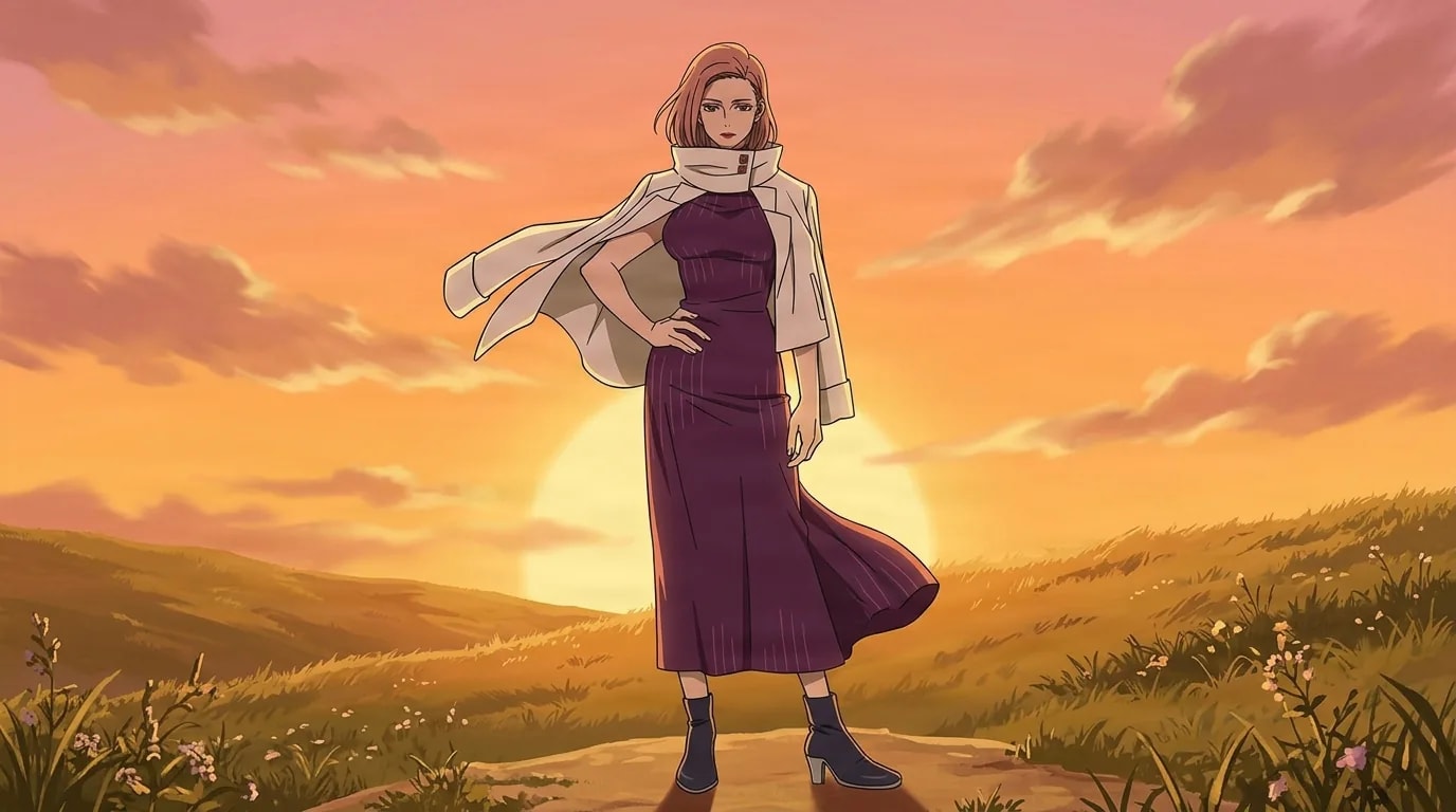 ピンクの髪の女性が紫のドレスと白いケープを身につけ、黄金色の夕暮れ時の草の丘の上で、ケープを風になびかせて立っている。