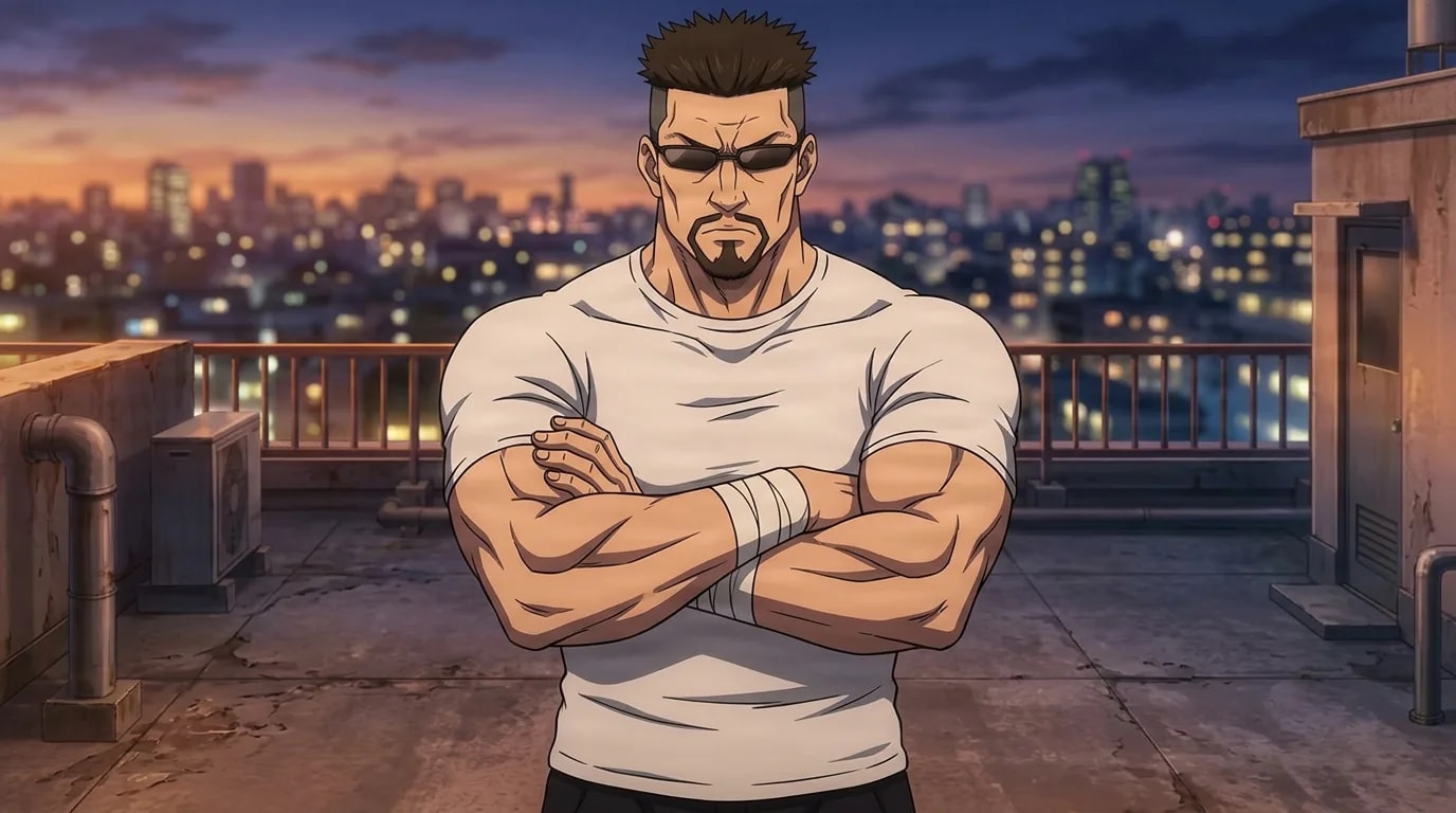 Masamichi Yaga standing with arms crossed on a rooftop at dusk over a glowing city skyline, muscular build in a white t-shirt, dark sunglasses and a stern unmoving expression.