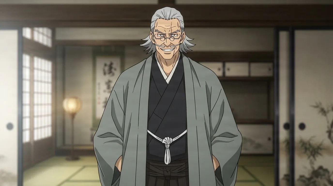Naobito Zenin sorride compiaciuto con le mani infilate nel suo haori grigio dentro una tradizionale stanza con tatami, capelli bianchi all'indietro e lunghi baffi, kimono scuro annodato in vita