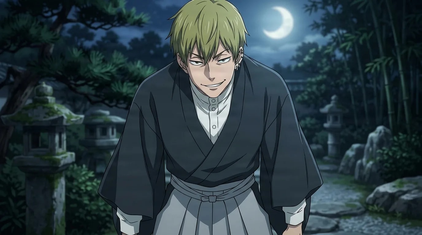 Naoya Zenin se inclina hacia adelante con una sonrisa burlona en un jardín de piedra iluminado por la luna con pinos y linternas, cabello claro y una parte superior de kimono oscura sobre un hakama pálido bajo una luna creciente.