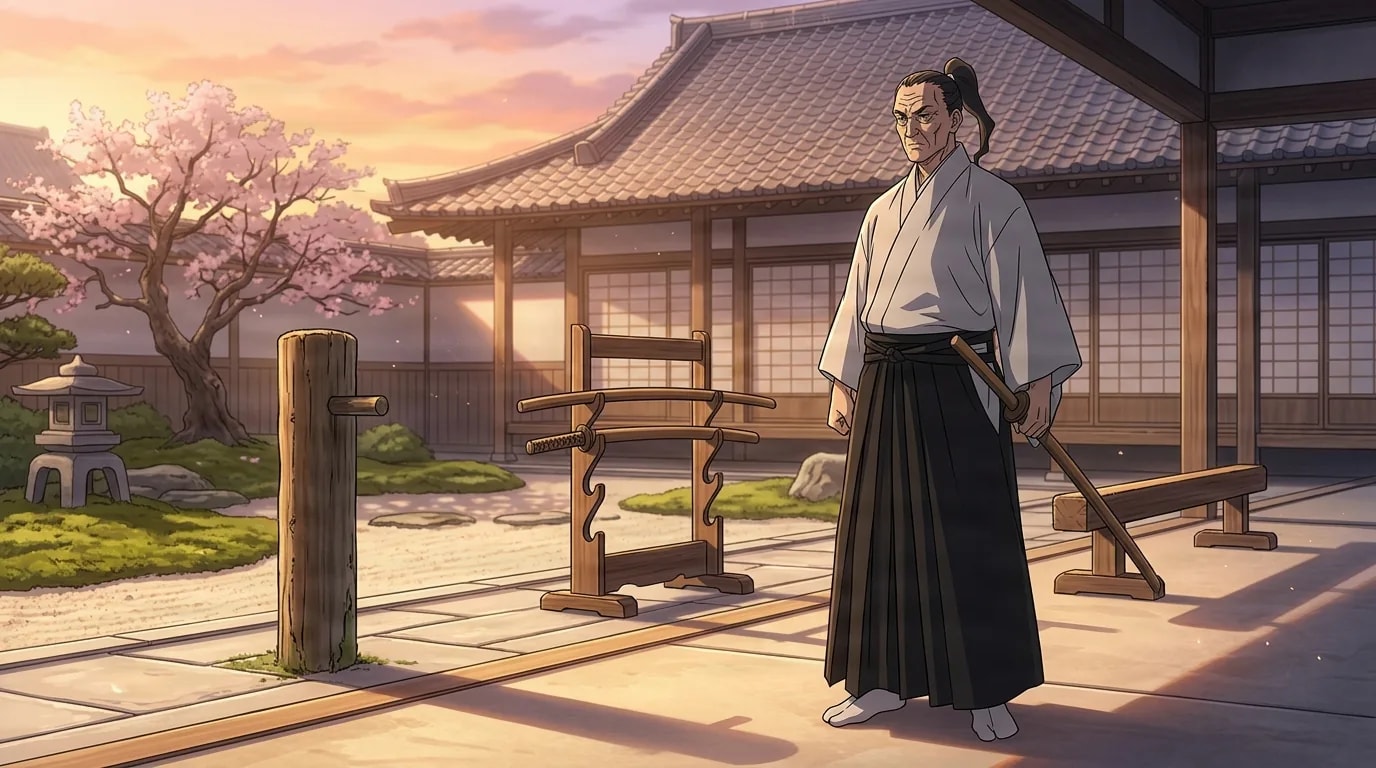 Ogi Zenin steht bei Sonnenuntergang in einem traditionellen Dojo-Hof neben einem Schwertständer und einem blühenden Kirschbaum.