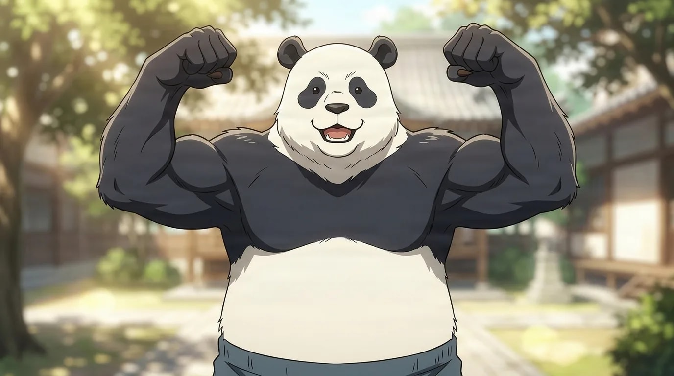 Panda the cursed corpse flexing both muscular arms in a cheerful double-biceps pose in a sunlit school courtyard with blurred trees and buildings, black-and-white panda face grinning.