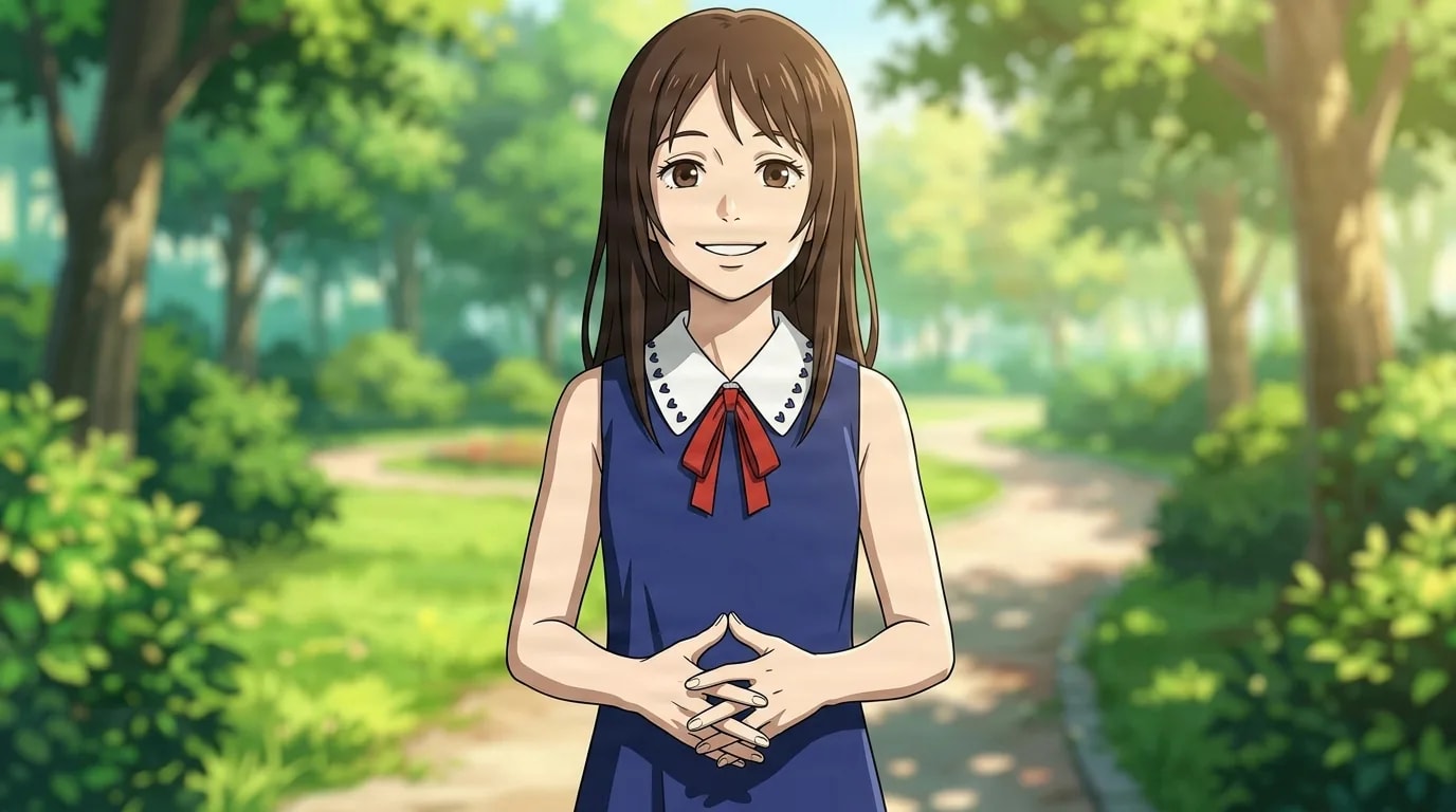 祈本里香が緑の茂みの並ぶ日の差す公園の小道で、前で両手を組んで温かく微笑んでいる。長い茶色い髪と、白い襟と赤いリボンの紺色のジャンパースカート姿。