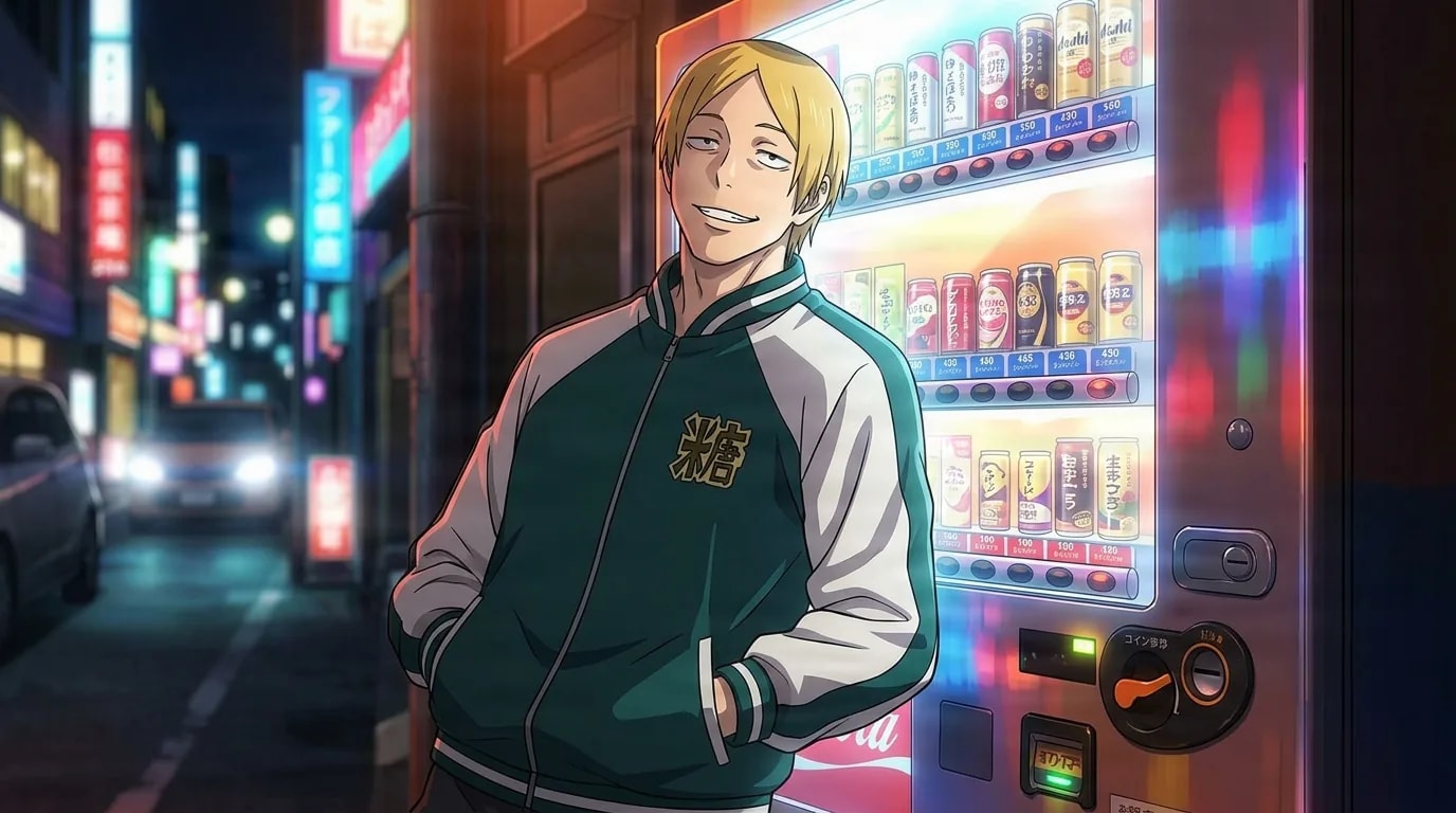 Ein blonder Anime-Mann in einer grün-weißen College-Jacke lehnt mit einem entspannten Grinsen an einem leuchtenden Verkaufsautomaten, auf einer neonbeleuchteten nächtlichen Straße.