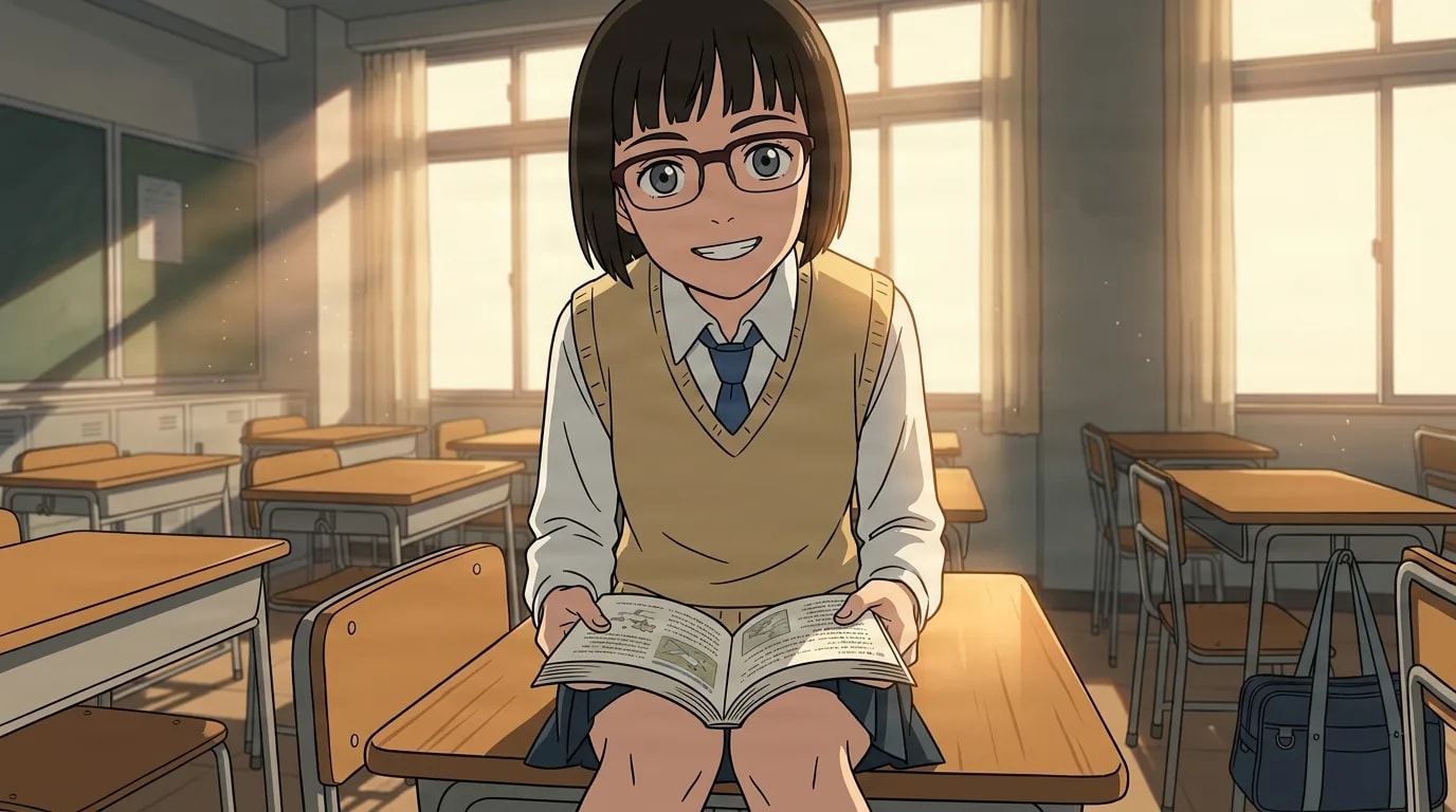 Écolière d'anime souriante, à lunettes et en pull sans manches beige, assise sur un bureau tenant un livre ouvert dans une salle de classe ensoleillée.
