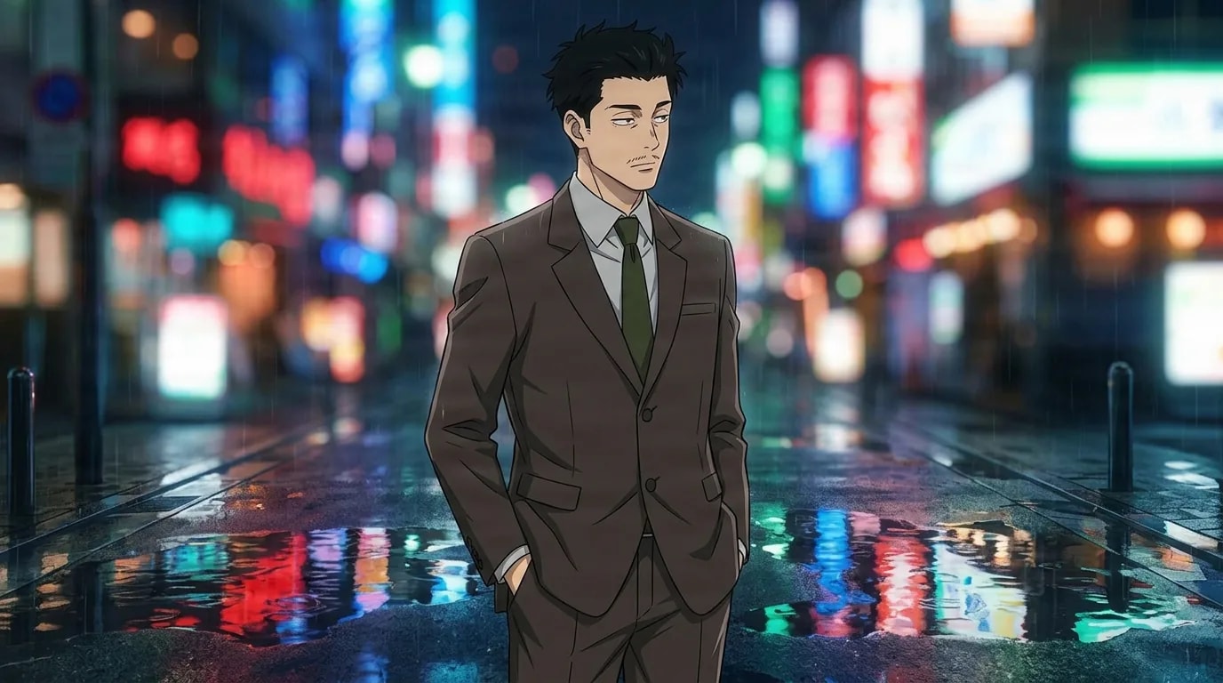 孔時雨が夜、雨に濡れた街の通りで両手をポケットに入れて立っている。濡れた舗道に色とりどりのぼやけた光が反射している。