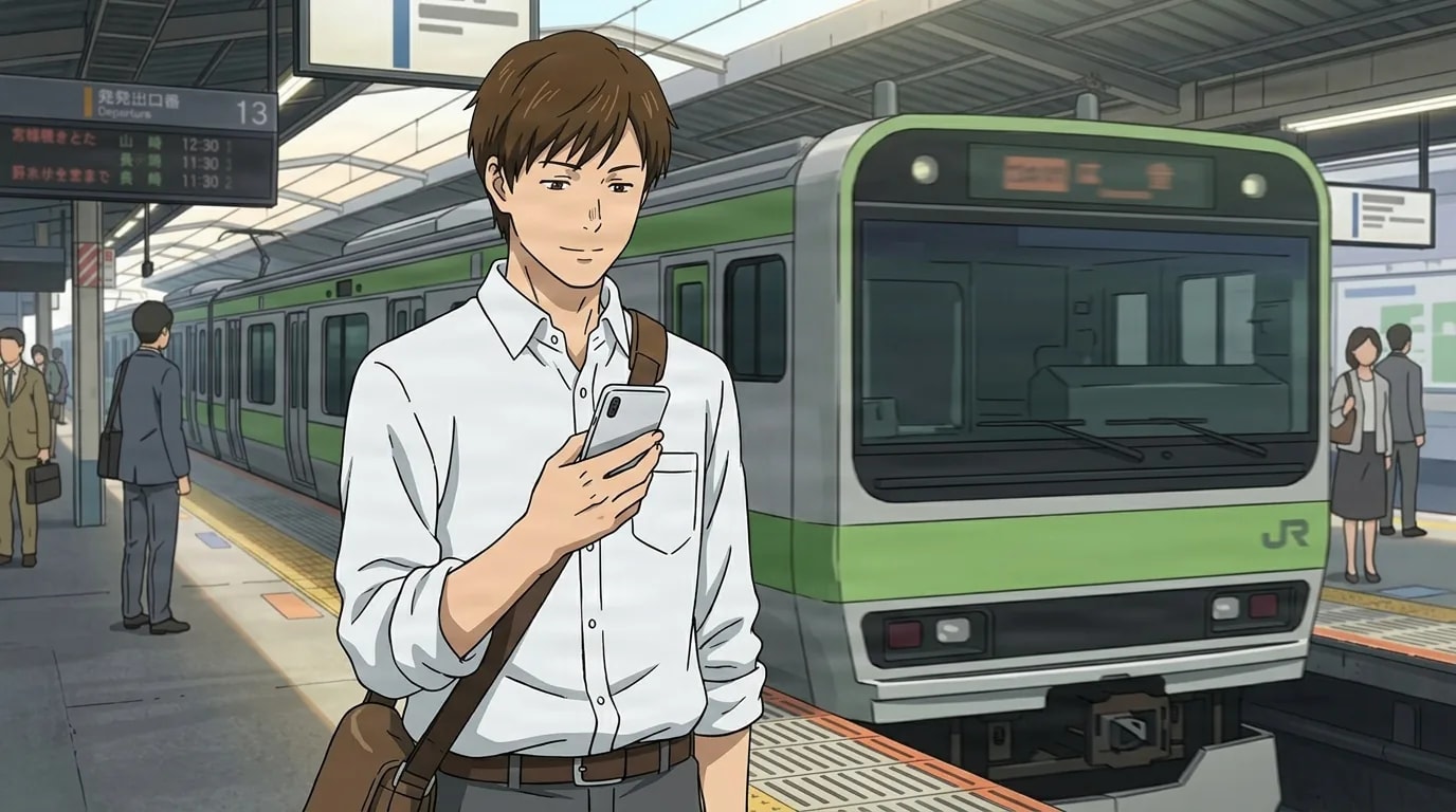 Ein braunhaariger Anime-Mann in einem weißen Hemd schaut auf sein Handy, auf einem Bahnsteig, während hinter ihm ein grüner Nahverkehrszug einfährt.
