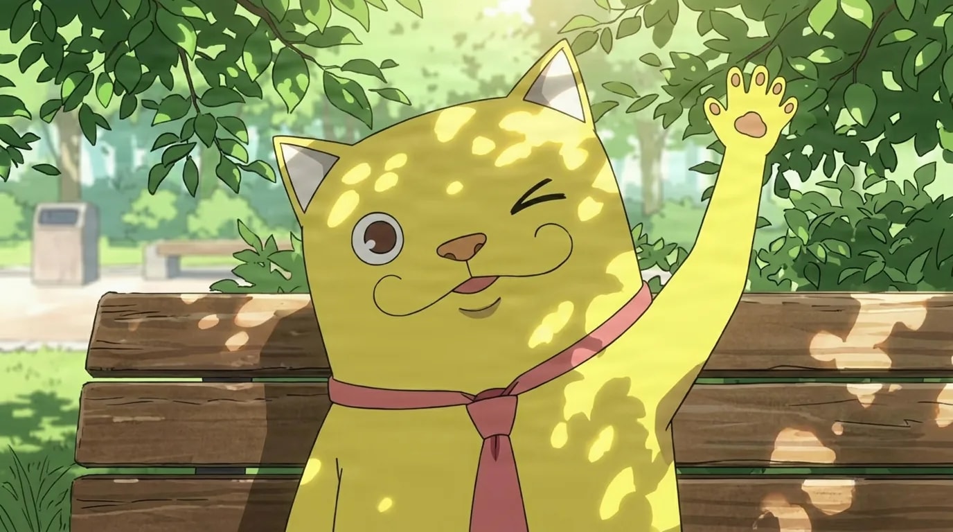 ピンクのネクタイの陽気な黄色い漫画の猫のマスコットが、公園のベンチに座り、片目でウインクしながら前足を上げて手を振っている。頭上の緑の葉から木漏れ日が差している。