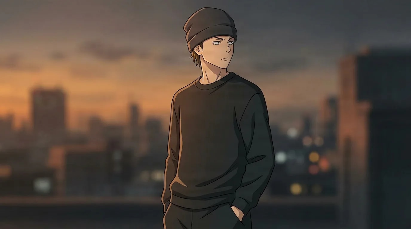 Takuma Ino dengan topi kupluk gelap dan sweter hitam menyimpan tangan di sakunya dan melirik ke samping dengan tatapan tenang di atap dengan latar cakrawala senja yang berkabut.