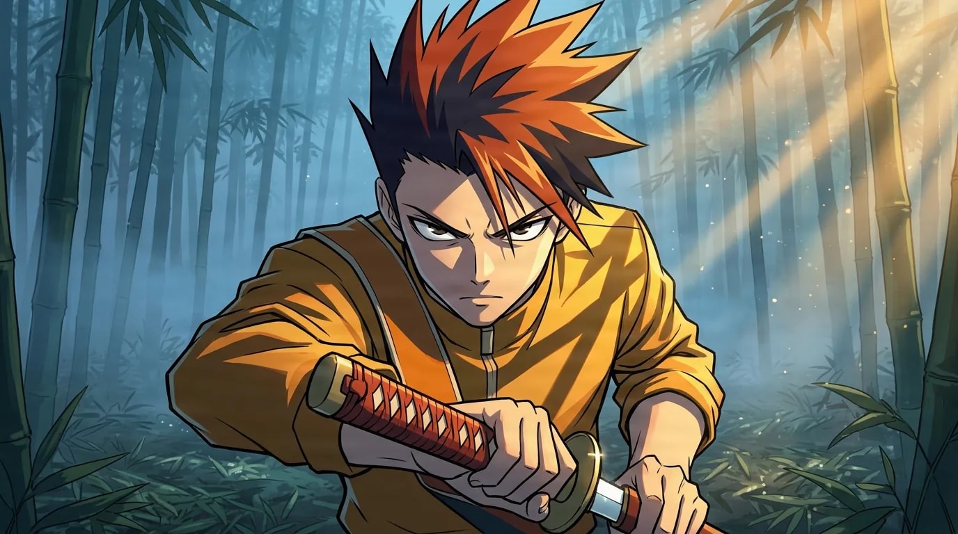 A determined young man with spiky orange and black hair in an orange jacket crouches in a ready stance holding a sheathed katana in a misty bamboo grove pierced by shafts of morning light.