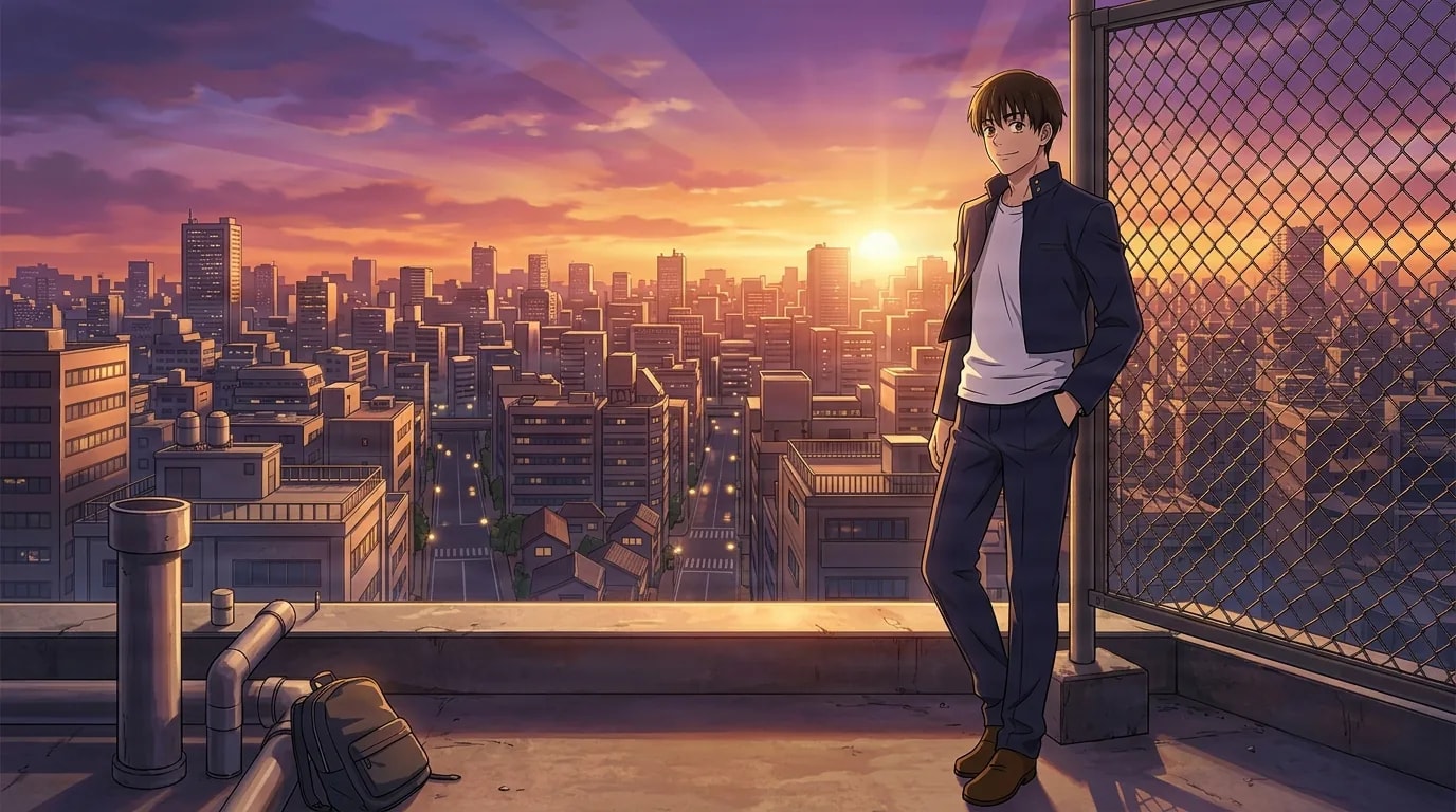 Yu Haibara appoggiato a una recinzione di rete metallica su un tetto al tramonto con lo skyline della città che risplende alle spalle