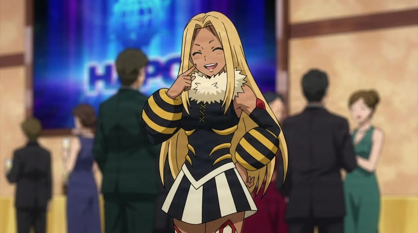 Bee Hero from My Hero Academia in a close-framed cel-shaded anime scene with a detailed environment