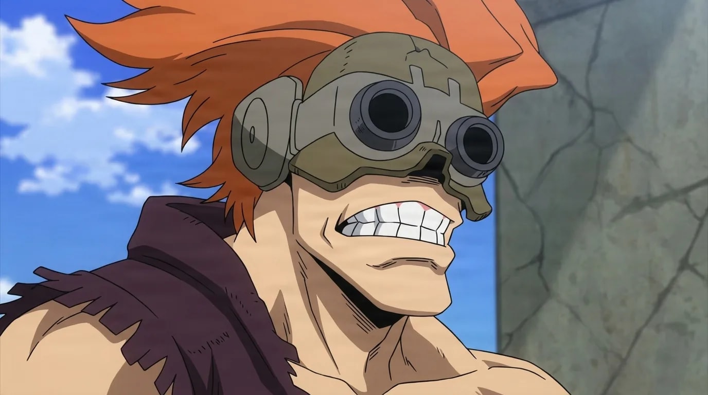 Boomerang Villain from My Hero Academia in a close-framed cel-shaded anime scene with a detailed environment