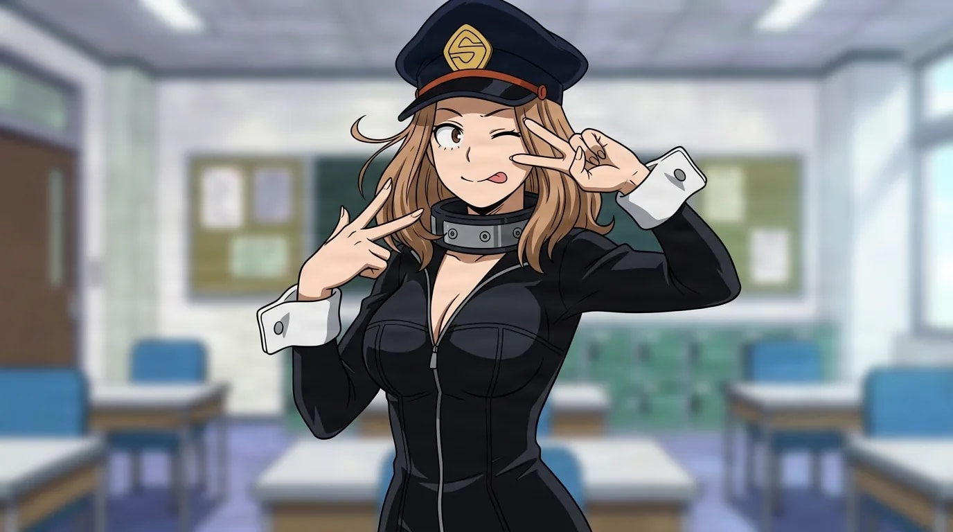 Camie Utsushimi from My Hero Academia in a close-framed cel-shaded anime scene with a detailed environment