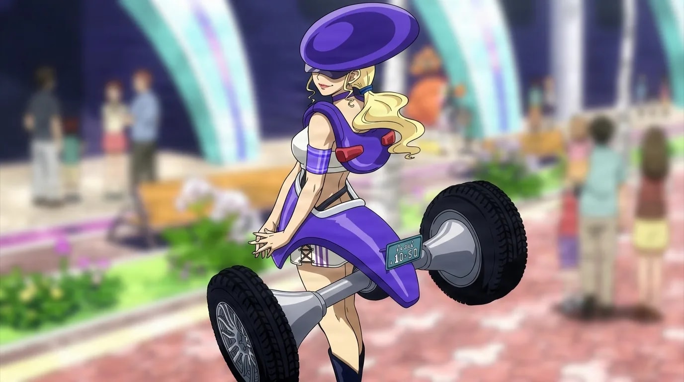 Cargirl from My Hero Academia in a close-framed cel-shaded anime scene with a detailed environment