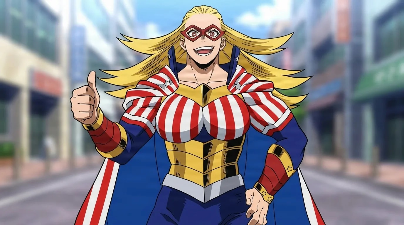 Cathleen Bate from My Hero Academia in a close-framed cel-shaded anime scene with a detailed environment