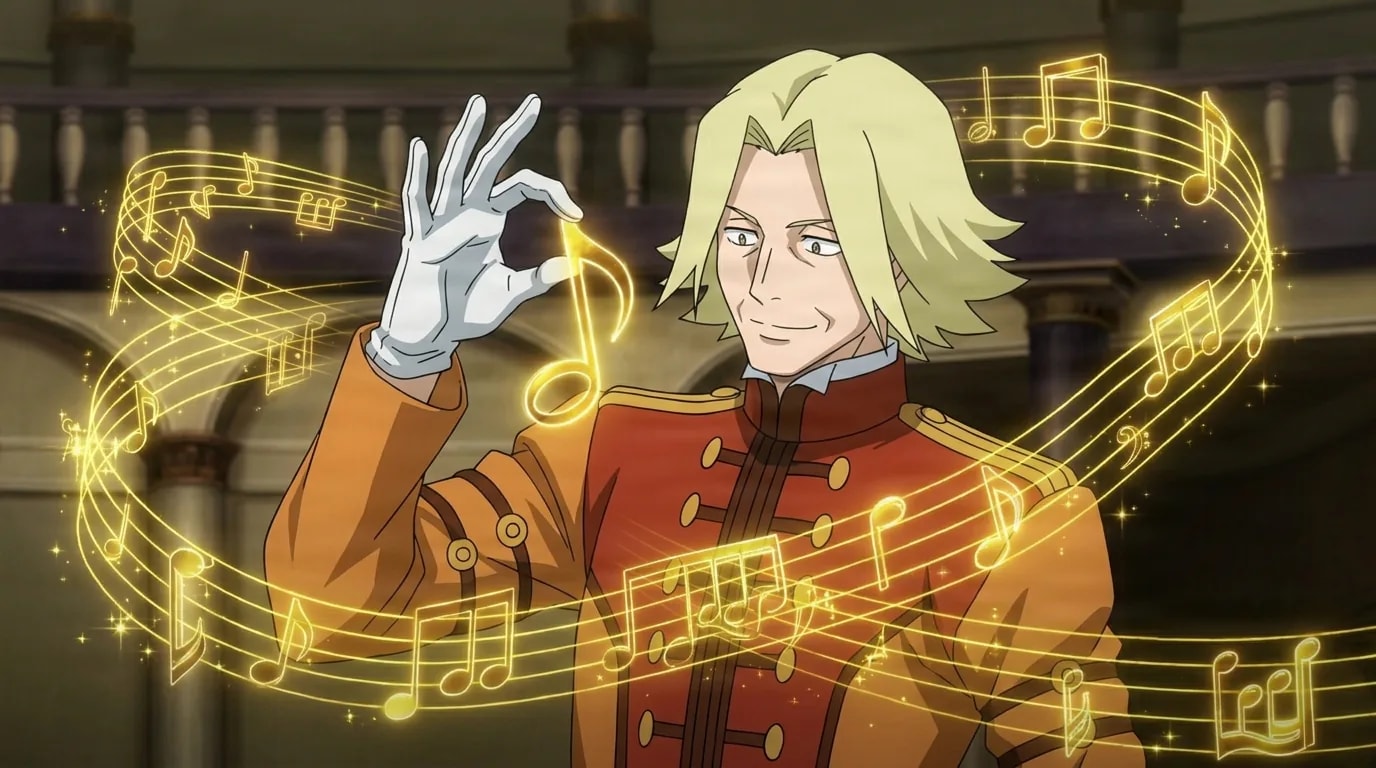 Composer Hero from My Hero Academia in a close-framed cel-shaded anime scene with a detailed environment
