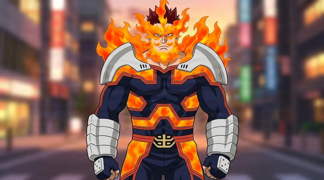 Enji Todoroki from My Hero Academia in a close-framed cel-shaded anime scene with a detailed environment