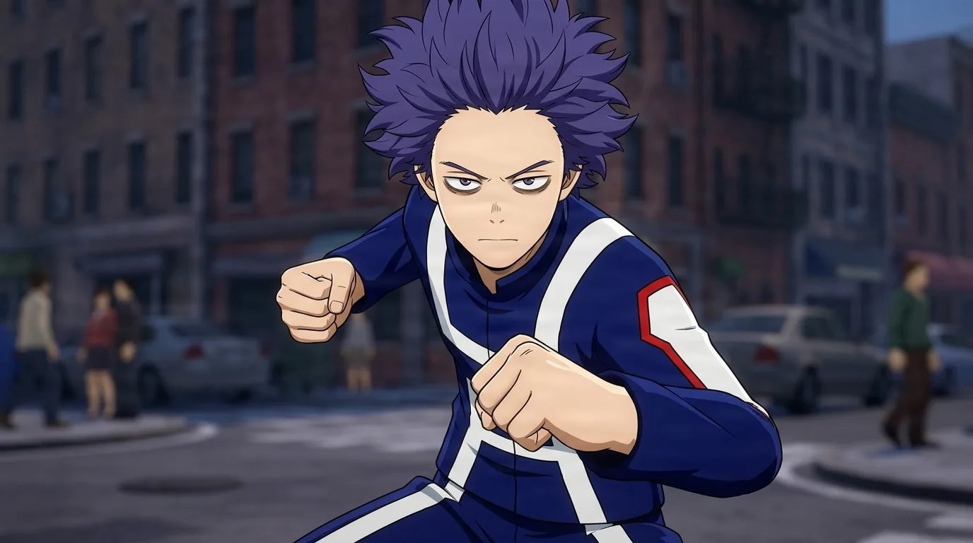 Hitoshi Shinso raising his fists in a fighting stance on a city street, spiky purple hair and the blue U.A. gym uniform