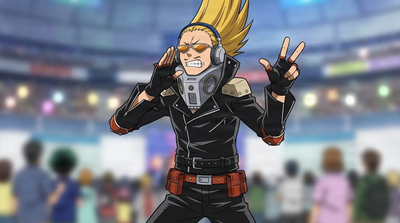 『僕のヒーローアカデミア』のキャラクター、山田ひざし。細部まで描き込まれた背景を伴う、クローズアップのセル画調アニメシーンとして描かれている。