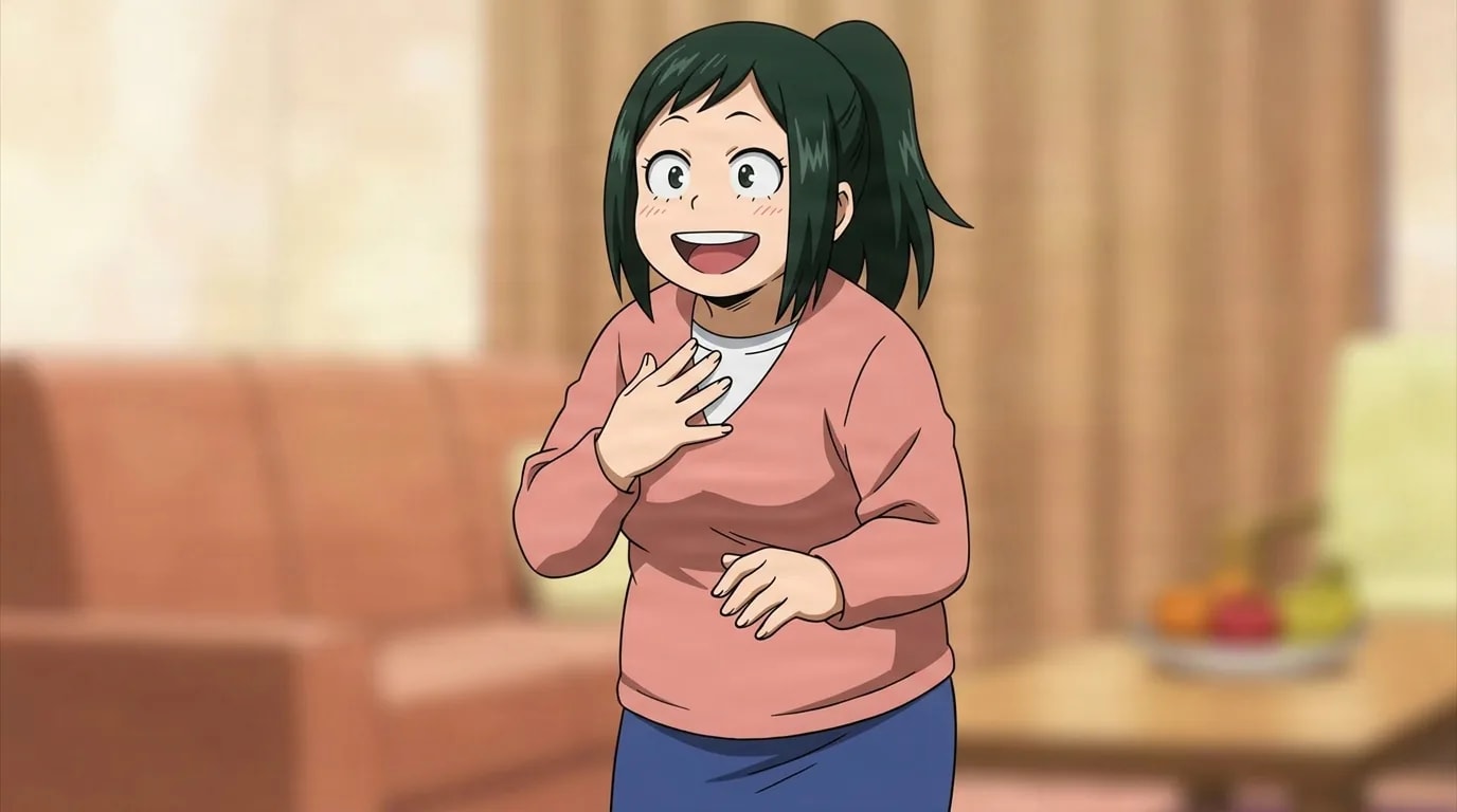 『僕のヒーローアカデミア』のキャラクター、緑谷引子。細部まで描き込まれた背景を伴う、クローズアップのセル画調アニメシーンとして描かれている。