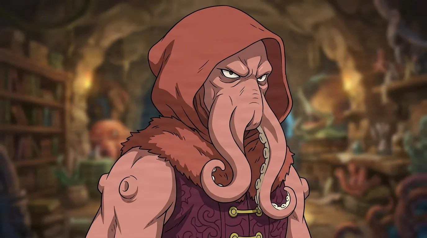Innsmouth from My Hero Academia in a close-framed cel-shaded anime scene with a detailed environment