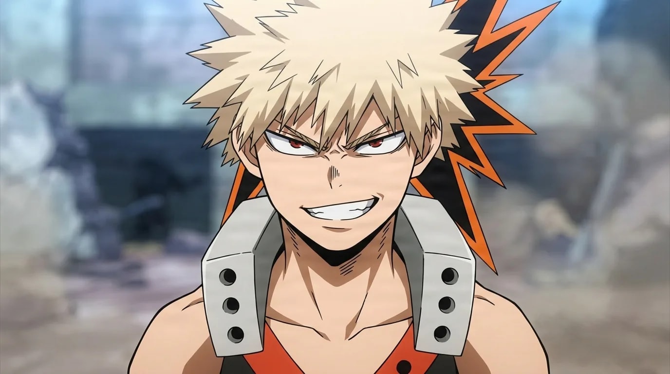 Katsuki Bakugo from My Hero Academia in a close-framed cel-shaded anime scene with a detailed environment